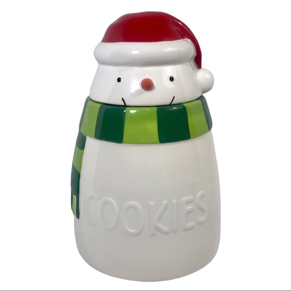 HALLMARK Cookie Jar Snowman with Red Santa Hat and Green Stripe Scarf - Picture 10 of 10